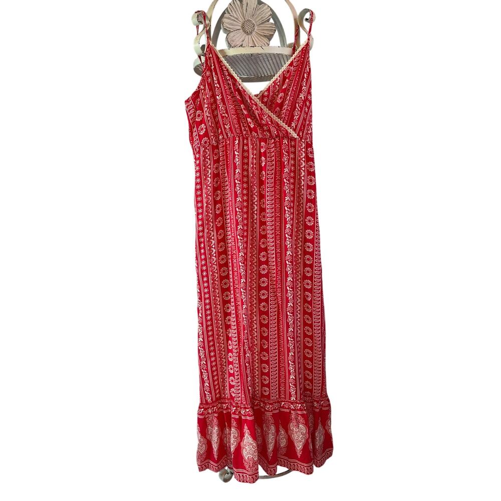 Springfield Sundress Maxi Vibrant Red White Floral Print Crochet Trim Neck Sz 8
